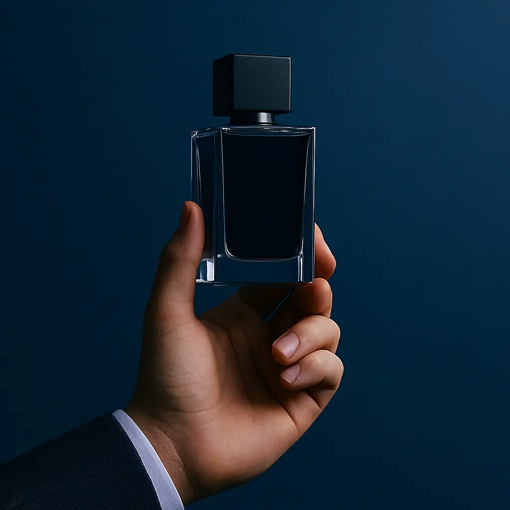 Main tenant un flacon de parfum bleu nuit