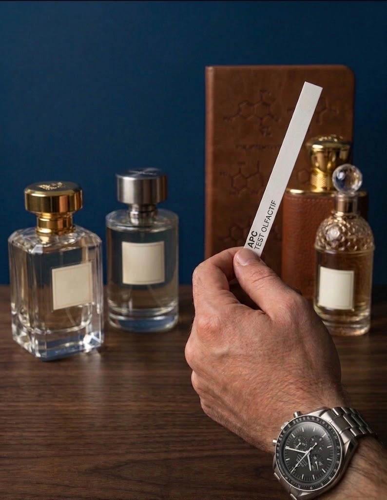 Flacons de parfum et touche à sentir posés sur un fond brun